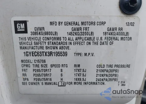 2003 Cadillac Escalade Standard z USA, uszkodzony, nr VIN 1GYEC63TX3R195539